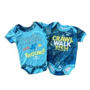 Mossy Oak Fishing Baby Boys 0-3M Bodysuit Set 2PK Crawl Walk Fish Shark Blue